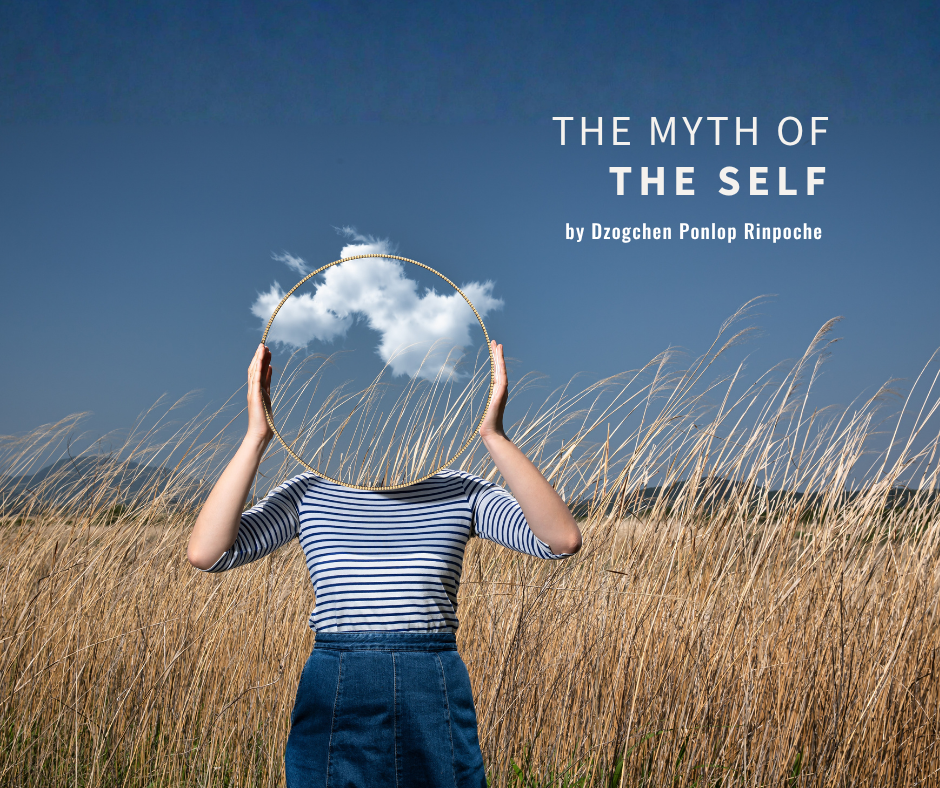 Figure wearing blue and white striped short sleeved top and jeans holds a mirror in front of their head. In the mirror is reflected tall wheatgrass and clouds. The figure stands in foreground against a backdrop of tall wheatgrass. Behind that are low, dark hills on the horizon and a muted blue sky above.