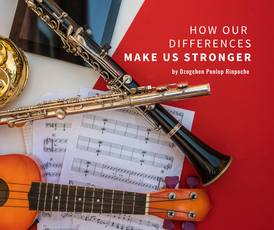 Musical instruments, an oboe, and flute, and a ukelele lay grouped on a page of sheet music against a tomato red background