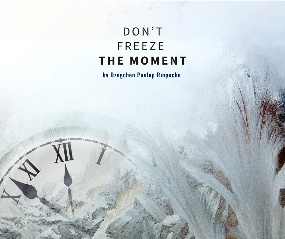 A clock with roman numerals reading 11:55 is stuck in ice, with white, gray, reddish brown, and dark blue ice crystals sweeping upward, covering most of the clock face.