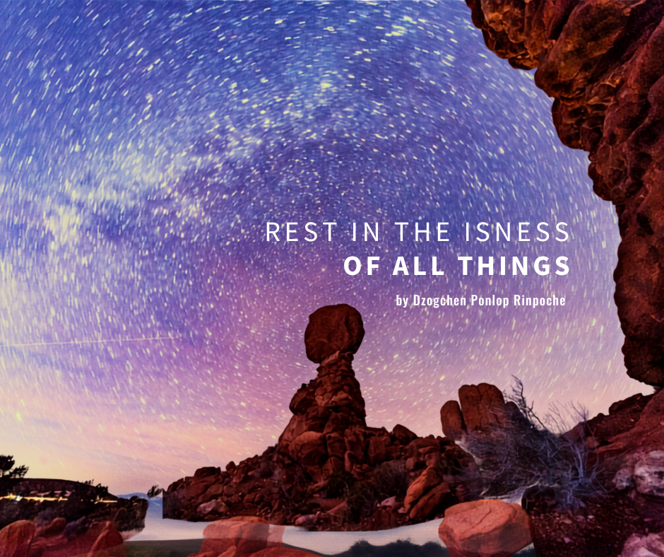 Dark red cave rock formation shaped like an upright seated figure seems to look out at a vast blue, purple, pink night sky filled with stars.